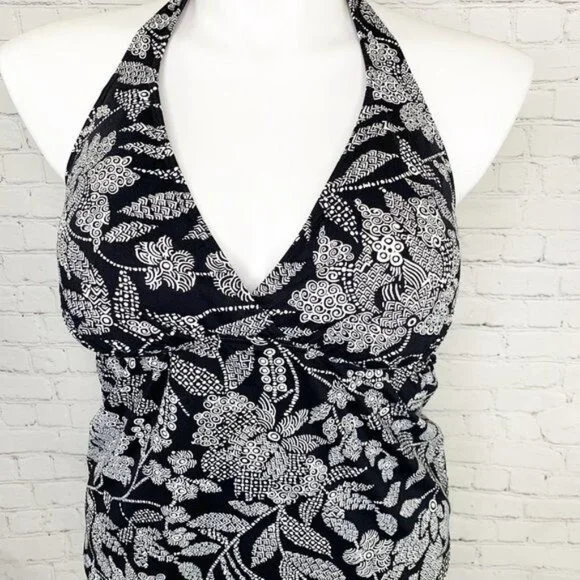 LANDS' END BLACK & WHITE FLOWER PRINT PADDED CUP SWIM TANKINI TOP - 14 - Picture 2 of 5
